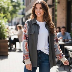 Thread & Supply Gray Jacket with Multicolor Patterned Sleeves